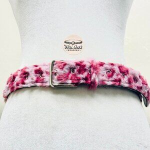 Y2k 2000s style Pink faux fur leopard print belt with silver buckle